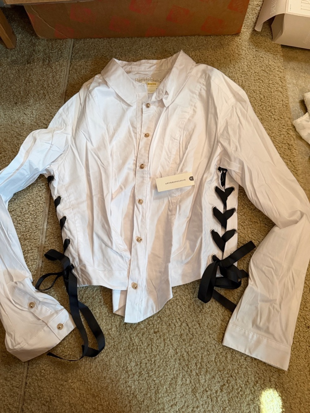 Anthropologie White Button-Down Shirt with Black Ribbon Side Ties